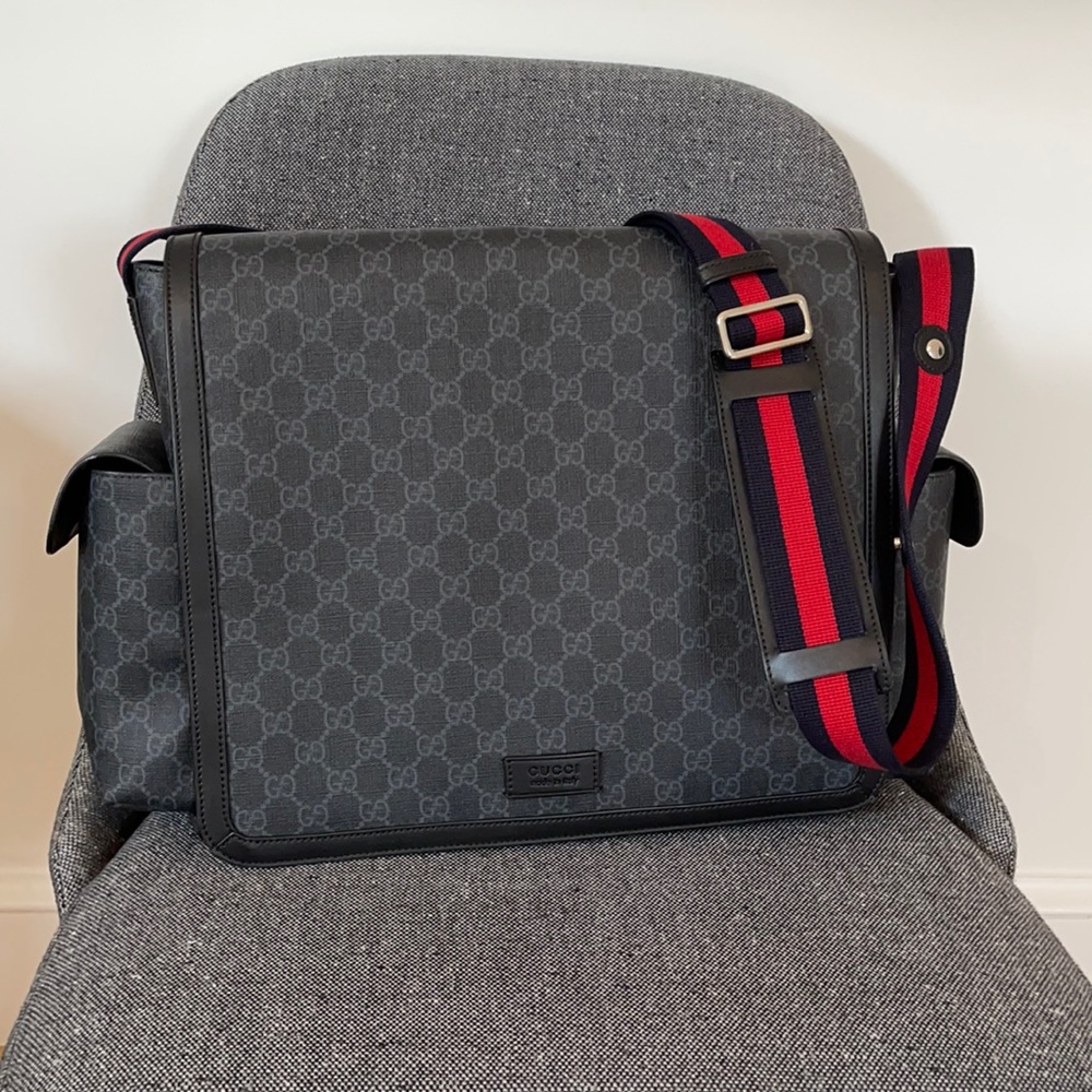 Gucci logo navy diaper bag